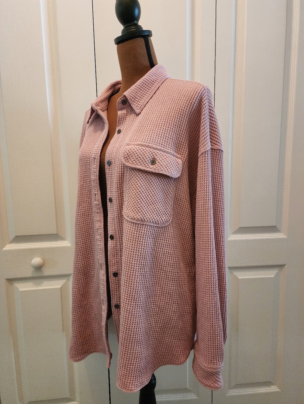 Slouchy Waffle Knit Button-Up Slackerchic Shacket in Dusty Pink